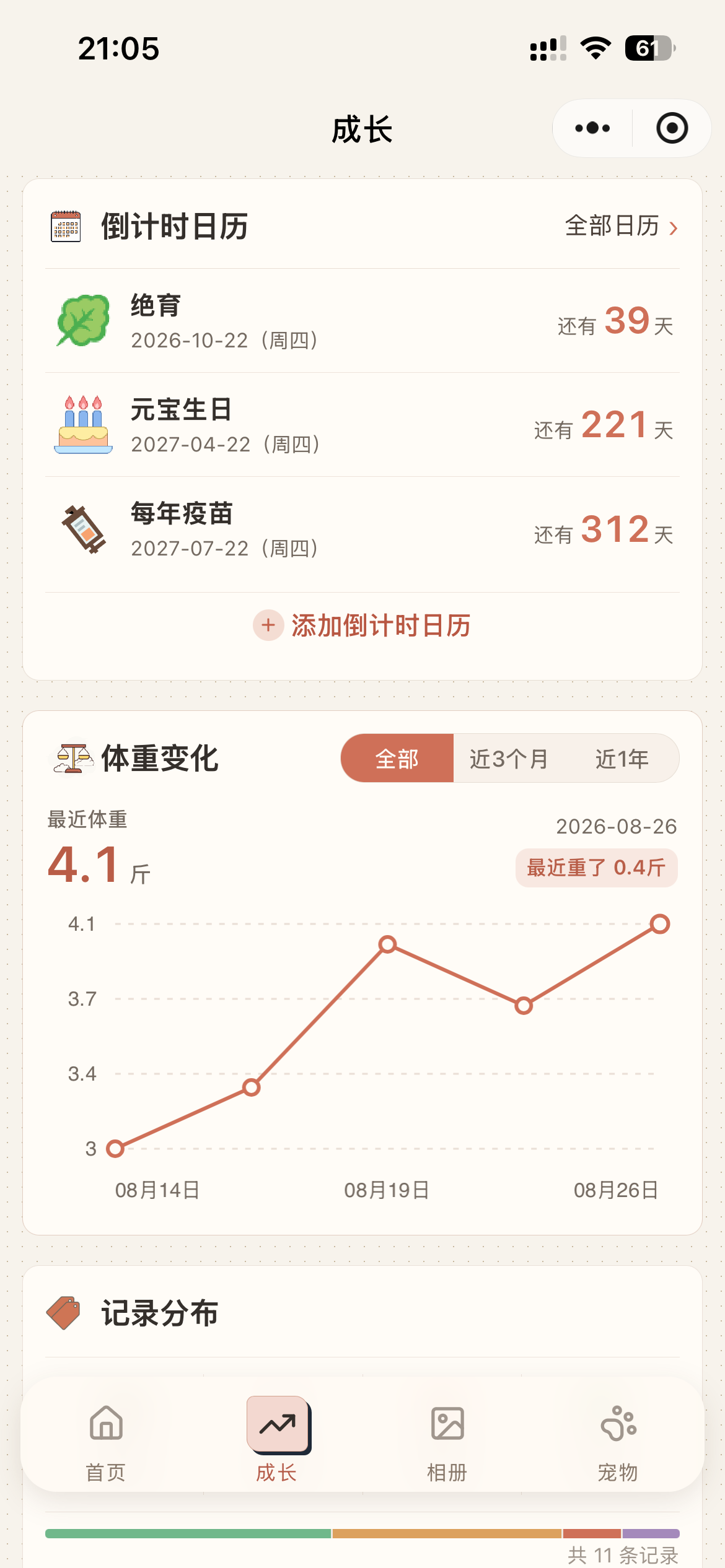 成长：体重折线与倒计时日历